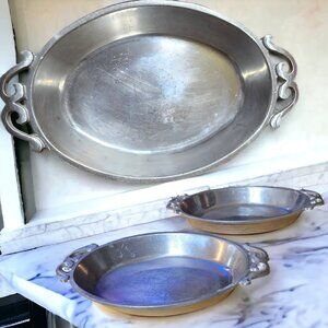 Vintage PEWTAREX (3 Qty) Oval Pewter Ornate Plates